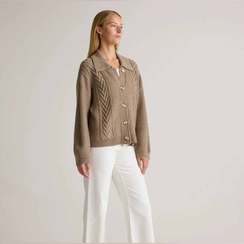 Quince Taupe Cable Knit Button-Up Sweater - Picture 6 of 9